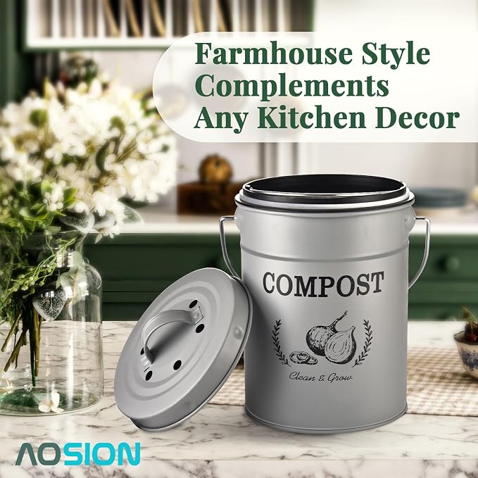 AOSION 1 Gallon Countertop Compost Bin for Kitchen with Lid,Odor Resistant | Farmhouse compost bin with charcoal filter,inner bucket and bags,easy kitchen food waste storage