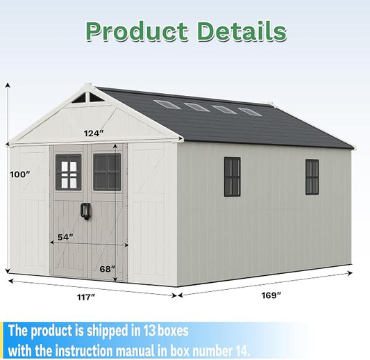 Greesum 10×14FT Plastic Outdoor Storage Shed with Floor and Lockable Door, Resin Sheds with 6-Windows and Multiple Skylights, HDPE Kick-it Shed for Garden, Patio, Backyard, Beige