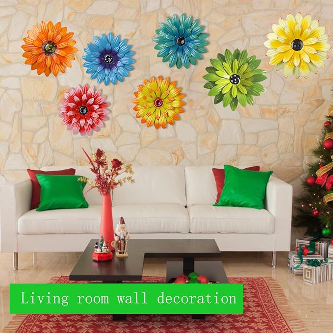 Outdoor Metal Wall Art Decor, 2 Pack 8 Inch Sunflower Wall Decorations, Hanging Outdoor Wall Decor, Handmade Metal Flowers for Outdoor Outside Indoor Decor,Orange