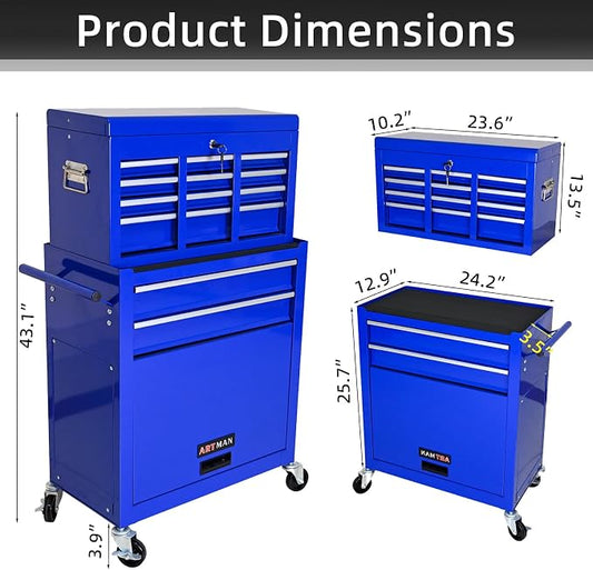 8-Drawer Tool Chest, Detachable Top Box for Garage,Blue | Rolling Mobile Storage Cabinet Organizer with Lockable Wheels for Workshop Utility, Heavy Duty Metal Construction