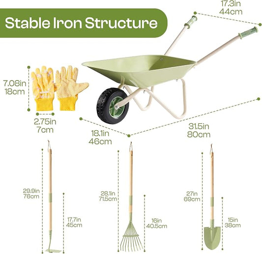 ROBUD Kids Wheelbarrow Set, Green Metal Toddler Wheelbarrow with Shovel, Hoe, Broom & Gloves, Kid Gardening Set for Kid to be Closer to Nature, WRP43