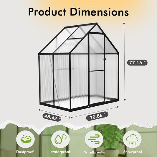 6X4FT Enhanced Aluminum Small Greenhouse for Outdoors with Thermometers | Easy Assembly, UV-Resistant Panels, Built-in Reinforcement, Lockable Sliding Door, Roof Vent, For Vegetable, Flower and Herb