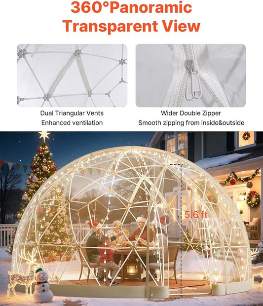 VEVOR Garden Dome Tent 12 x 7.2 ft Clear Bubble Tent House for 4–7 Person | Outdoor Igloo Waterproof PVC Geodesic Dome Greenhouse with Ventilated Window, 360° Crystal-Clear View for Gardens Patios