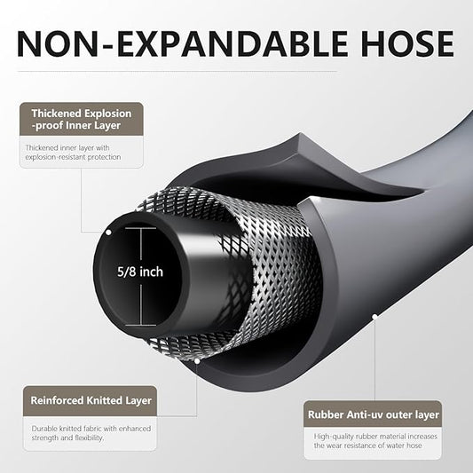 Garden Hose 5/8" x 50ft - Brass Rubber Heavy Duty Water Hose 600 PSI Burst Pressure, Durable Flexible Hose for Yard, Car Wash, Pets Gray