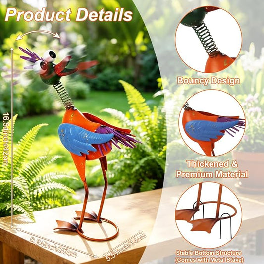 Metal Wacky Rooster Garden Statue for Patio, Backyard, Lawn | 16.54'' Rooster Decor, Yard Statue Decorations Outdoor, Chicken Yard Art, Yellow & Blue