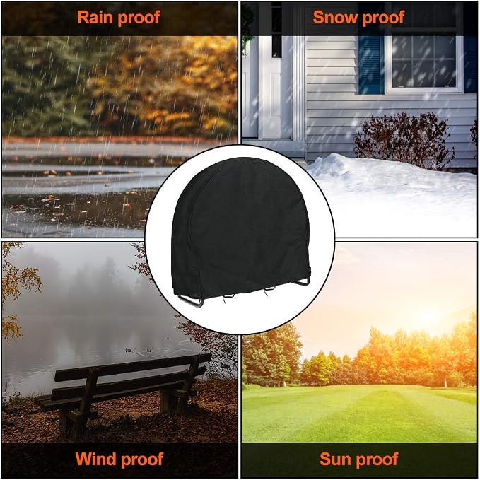 Firewood Log Rack Cover, Outdoor Waterproof Log Hoop Cover, Windproof Dry Wood Pile Holder Storage Tarp Heavy Duty UV Resistant Sun Snow Rain Durable PVC Backing Protector fit 4 Seasons Black