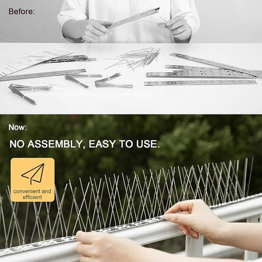 OFFO Bird Spikes Pre-Assembled for Pigeons Birds, Cover 24 Feet Durable Bird Spikes with Stainless Steel for Fence Roof Mailbox Window