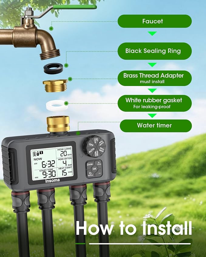 Insoma Water Timer with Brass Inlet, 4 Independent Zones Outdoor Hose Timer for Garden Faucet with Auto/Manual/Rain Delay Mode, IPX5 Waterproof, Sprinkler Irrigation Controller for Yard Lawn