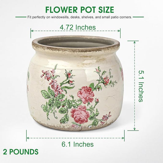 Flower Pots Planters for Indoor Plants Ceramic Plant Pots with Drainage 6.1 Inch Vintage Ceramic Pots for Plants Outdoor Home Garden Decor, Vintage Pink Rose