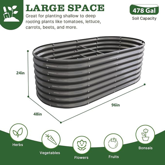 A ANLEOLIFE 8X4X2 ft Galvanized Raised Garden Beds Outdoor, Oval Large Metal Deep Root Planter Box for Planting Vegetables Flowers Herb, Anti-Rust & Easy-Setup, Quartz Grey