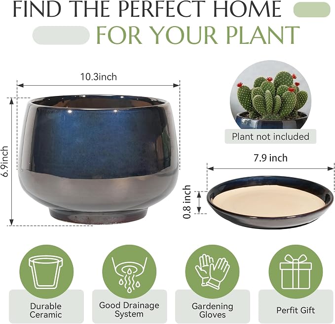 10.3 Inch Flower pots for Indoor Outdoor Plants with Saucer Drainage Leak-Proof Mesh, Ceramic Planter with Gardening Gloves for Succulent and Flower(Metallic Black)