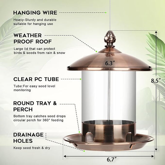 Gbekery Metal Bird Feeders for Outdoors Hanging, Weather Resistant Wild Bird Feeder with 360 Degree Feeding Tray, Copper