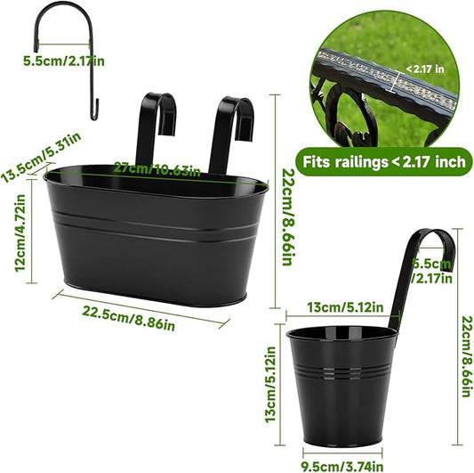 KINGLAKE Flower Pots,10 Pcs Metal Iron Hanging Flower Plant Pot Balcony Garden Plant Planter Baskets Fence Bucket Pots 10.6" & 5.1" Flower Holders with Detachable Hook Black