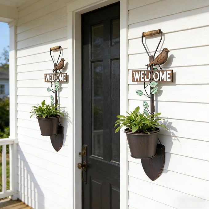 2Pcs Metal Wall Planter ,Vintage Wall Hanging Planter with Welcome Sign | wall decor; Rustic Farmhouse Wall Decor with Bird, Garden Wall Plant Holder for Porch Patio Entryway