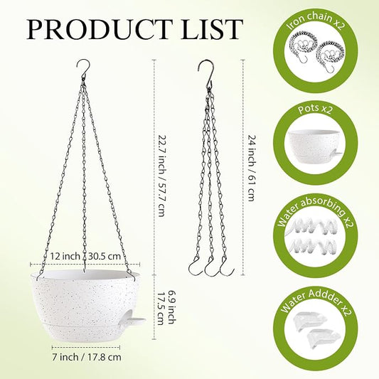 12 Inch Hanging Baskets 2 PC with Chains, Self-Watering Hanging Planters for Indoor Outdoor Plants, Plastic Hanging Flower Pots,Speckled White