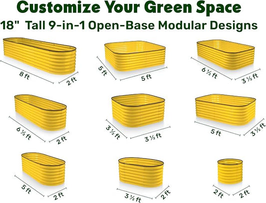 9-in-1 Galvanized Steel Raised Garden Bed // 8×2×1.5 ft Modular Planter for Gardening, Vegetables, Flowers // 18" Tall Metal Raised Garden Beds Outdoor (Yellow) // Patented Design Planter Box