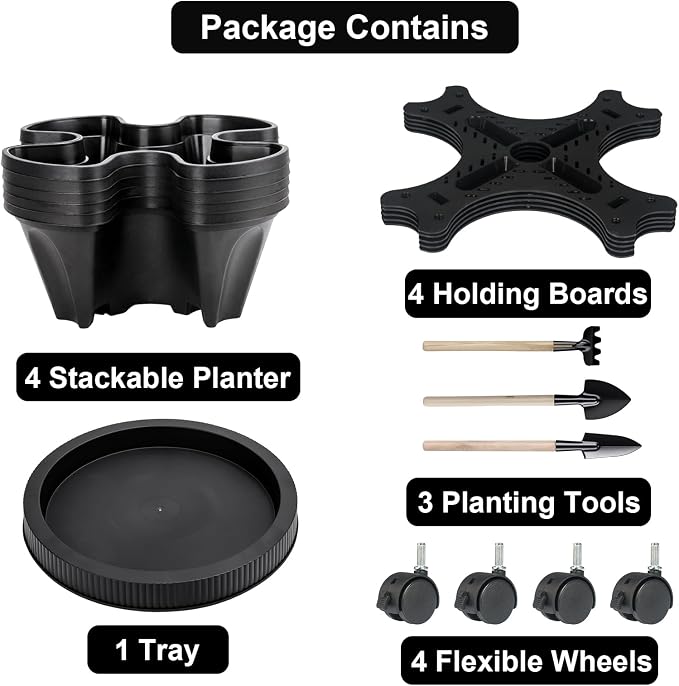 GameXcel Vertical Planter Tower - 5 Tier Stackable Garden Planters with Wheels and Tools Plant Pots for Strawberry Herb Flower and Vegetable Indoor Outdoor Use Black