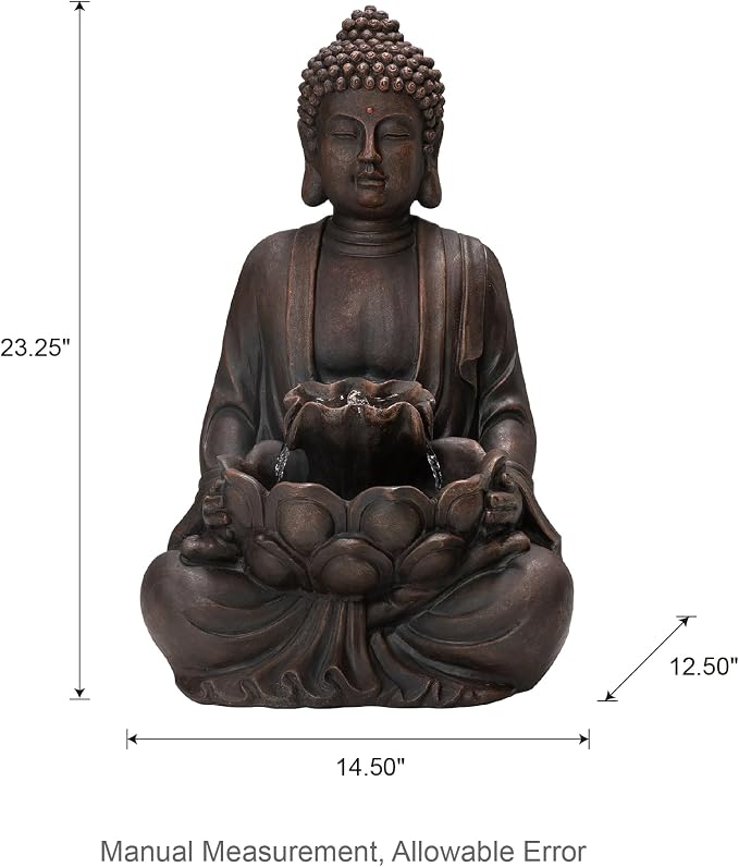 Glitzhome Zen Style Meditating Buddha Statue Fountain Polyresin Outdoor Decoration with Pump and LED Light, 23.25" H