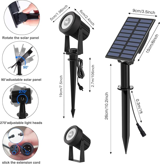T-SUNUS Solar Spotlights Outdoor RGB, Color Changing Landscape Lights with 9.8ft Cable, IP65 Waterproof, Adjustable Solar Panel & Light, Auto On/Off for Yard Tree Pathway Driveway Christmas (2 Pack)