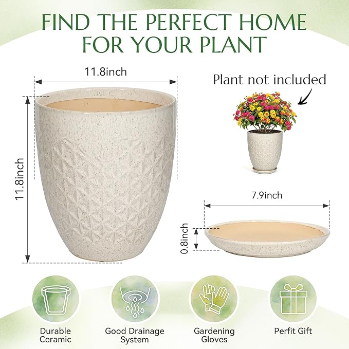 11.8 Inch Flower Pots for Indoor Plants,Ceramic Planter with Saucer Drainage Leak-Proof Mesh Gardening Gloves (Silk-White)