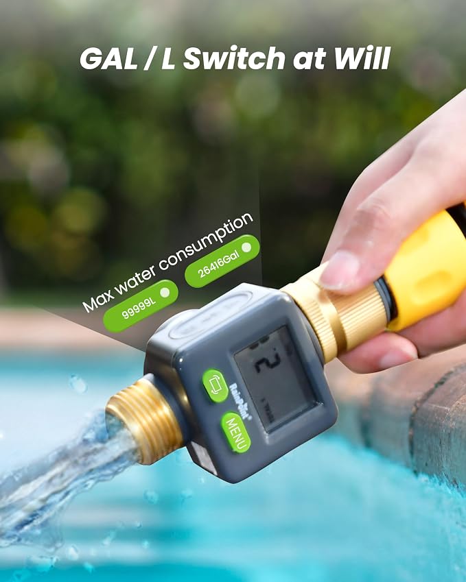 RAINPOINT Water Flow Meter with Brass Inlet & Outlet, 180° Screen-Flip Water Meter, Measure Gallon/Liter Consumption for RV Filling, Garden Watering, Sprinkler and Hoze Nozzle, 2pcs