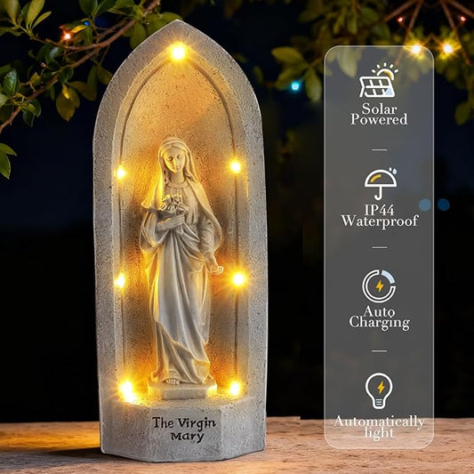The Virgin Mary Statue with 7 Solar Light Garden Decor for Yard, Patio, Entryway, Indoor and Outdoor Religious Figurine Decoration Gifts for Mom