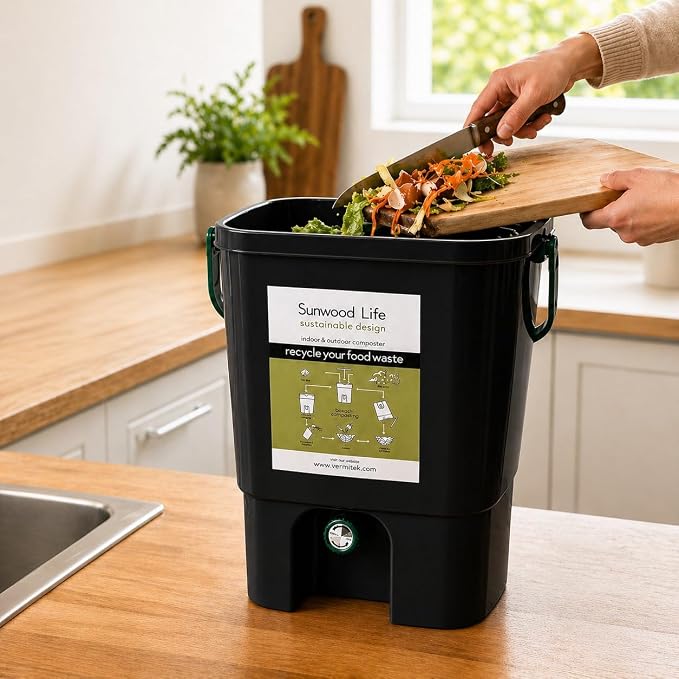 Bokashi Composting Kit, 5-Gallon Indoor Kitchen Composter - Gray, with 2.2 lb Premium Bokashi Bran, Odor-Reducing Food Waste Recycling System, US Patented (Black)