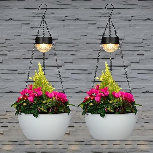 BAYN 2 Packs Solar Hanging Basket Planters for Plants Outdoor | Self Watering, White Flower Pots with Solar Light , Hanging Planters with Drainer for Balcony Patio Garden Decoration