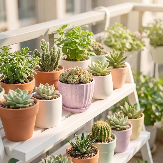4 Inch Ceramic Indoor Succulent Plant Pots with Drainage Holes and Saucers, Bonsai Planter for Succulent, Cactus, Small Flowers (Pink)