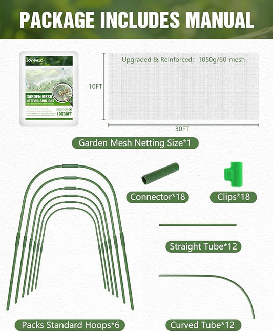 6 Sets Garden Hoops with 10x30 Ft Netting for Raised Beds, 18 Clips | 10x30 Ft Garden Net, Bird & Cicada Net for greenhouse, Vegetables, Trees, Garden crops, Plant cover, Frost guard, Shade cloth
