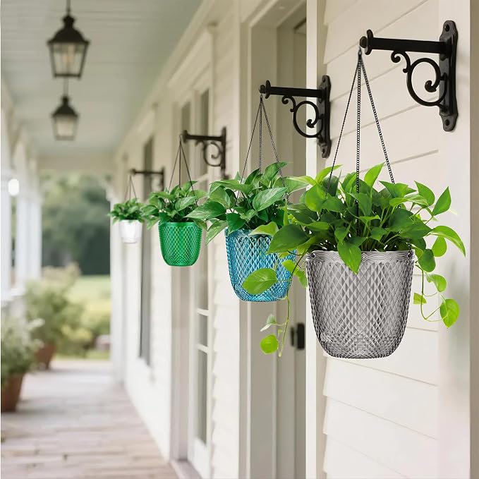 QCQHDU Hanging Planters for Indoor Plants, 2-Pack, 7.2 Inch, Gray | Plastic, Self Watering Plant Hanger, with Drainage Holes, 3 Hooks Chains, For Garden Home