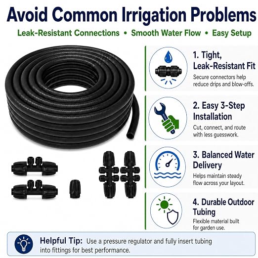 100 FT 1/2 Inch Drip Irrigation Tubing Kit:Premium Garden and Landscape Watering System-Drip Irrigation Hose with 2 Quick Connector 4-Way Connector,2 Quick Connector 6-Way Connector and Tube Cap
