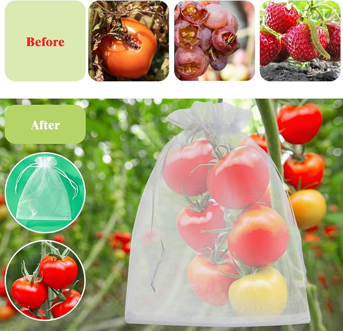 50 Pcs Fruit Protection Bags, 6x9 White Fruit Netting Bags for Fruit Trees Fruit Cover Mesh Bag with Drawstring, Netting Barrier Bags for Grapes Mango Fruit Trees Veggies Garden