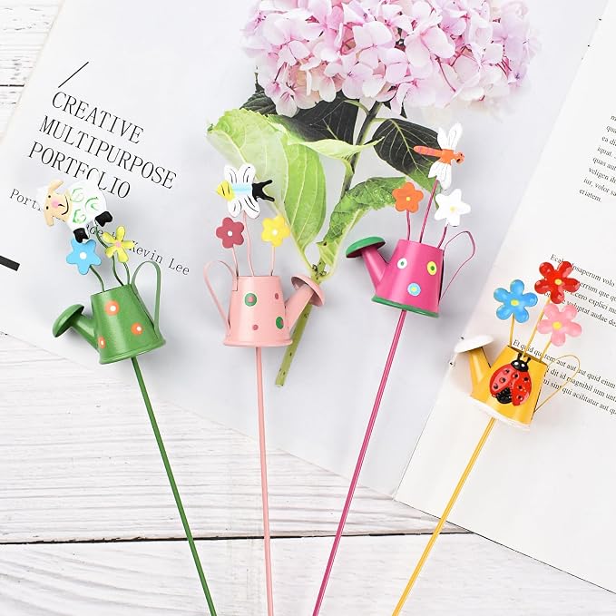 Decorative Garden Stakes Set Metal Garden Ornaments Waterproof Decorations for Indoor Outdoor Yard Patio Plant Pot (Watering can-4PCS)