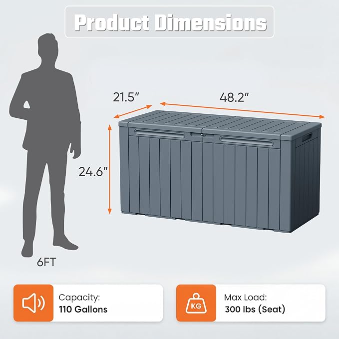 Greesum 110 Gallon Outdoor Storage Box with Lockable Lid, All-Weather Solution for Patio Furniture, Pool Supplies & Garden Tools, Waterproof, UV-Resistant Large Deck Box, Gray