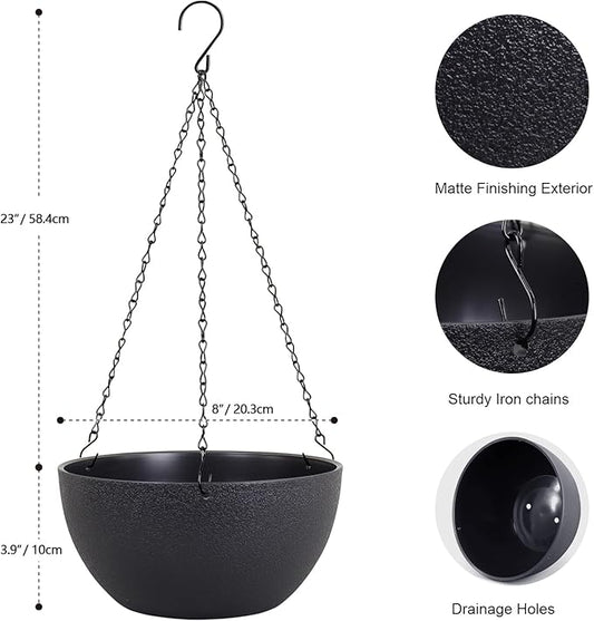 Meowell 8 inch Small Hanging Planters Plant Pots for Indoor Outdoor Plants, 2 Pack Hanging Flower Pots with Drainage Holes and Chain for Garden Porch, Plastic Hanging Baskets for House Plants, Black