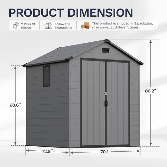 Greesum 6x6FT Plastic Outdoor Storage Shed with Floor, Resin Sheds with Lockable Double Door, Tool Sheds with Window and Vents, for Backyard, Garden, Patio, Dark Gray