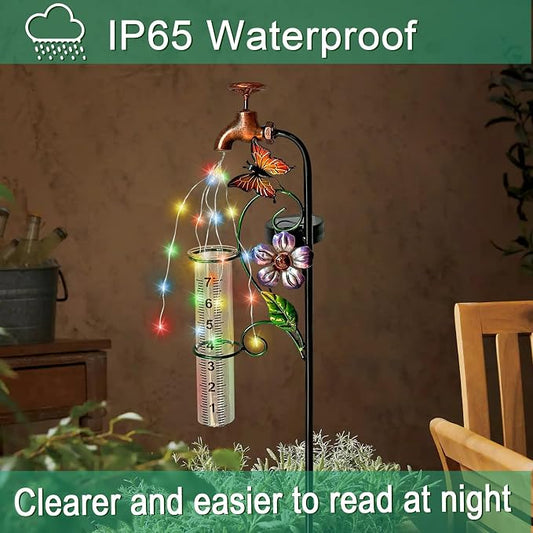 Copper Faucet Rain Gauge, 7" Glass Tube Butterfly Flower Garden Yard Stake Decor