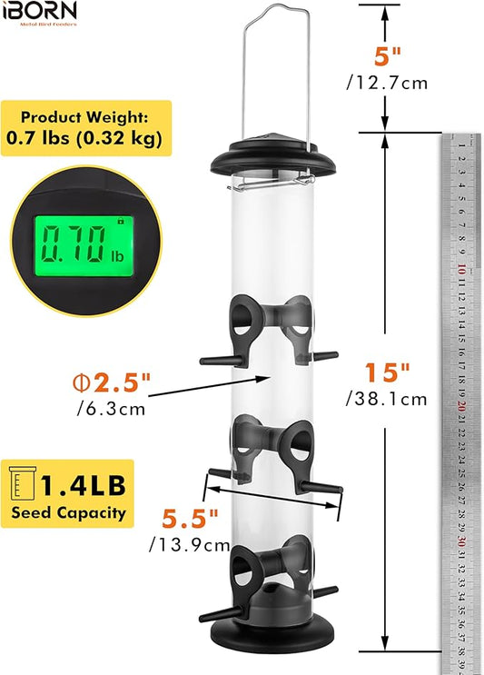 iBorn Metal Bird Feeders Black Wild Bird Feeder for Outdoors Hanging All Metal Black Finishing 15 Inch 6 Port(Seed is not Included)
