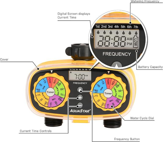 AQUASTAR Two-Zone Hose Watering Timer (Yellow), Automatic Irrigation for Lawn, Garden, Yard, Two Outlets