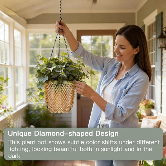 QCQHDU Hanging Planters for Indoor Plants, 2-Pack, 5.7 Inch, Gold | Plastic, Self Watering Plant Hanger, with Drainage Holes, 3 Hooks Chains, For Garden Home