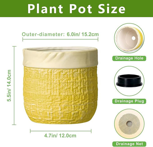 Ceramic Planter - 6 Inch Plant Pot with Drainage Hole and Plug, Round Unique Flower Pots for Indoor Plants, Boho Decorative Pot for Plants, Bookshelf Decor, Gifts for Plant Lovers, Yellow