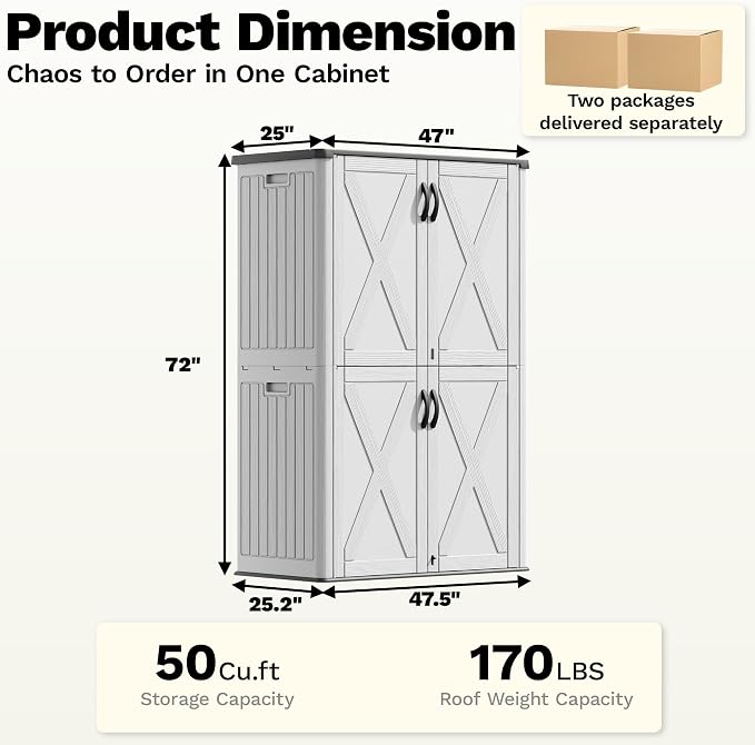Devoko 50 Cu Ft Plastic Outdoor Storage Cabinet, White | Vertical Resin Storage Shed with Lockable Door, Waterproof Shed for Patio Furniture Pool Toy, Garden Tool, Shelf Not Included