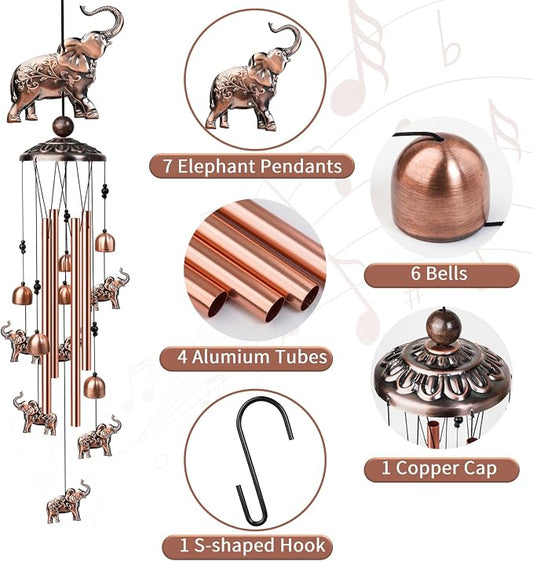 35 Inch Elephant Wind Chime, Handmade Large Metal Animal Figurine Windchimes for Garden Decor, Deep Soothing Bass Tones Wind Chimes for Outside, Memorial Gifts for Patio, Yard, Porch