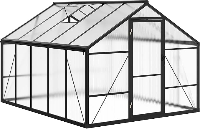 8x10 ft Walk-in Greenhouse, Polycarbonate Panels with Reinforced Aluminum Frame, Large Garden Green House for Planting and Seed Starting, Quick-Assembly Structure with Adjustable Roof Vent