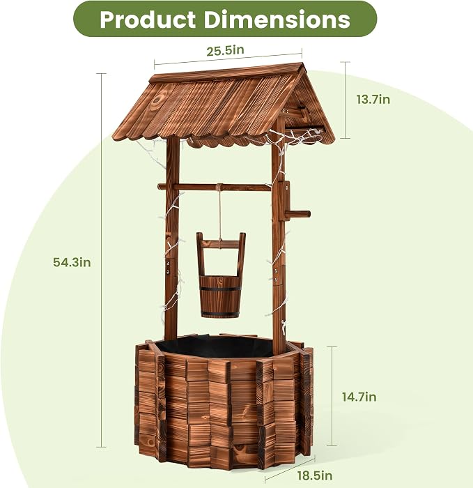 54" Outdoor Wooden Wishing Well Planter with Colorful LED Lights | Rustic fir wood decor with 11 light modes, 3 timer settings, adjustable bucket, drainage base, and liner for patio or yard