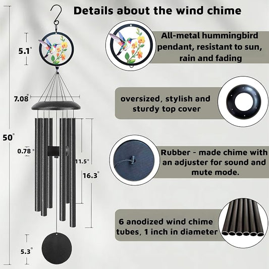 Hummingbird Wind Chimes for Outside - 50 Inches Long, 6 Thick Aluminum Tubes, Exquisite Hummingbird Design, Outdoor Hanging Decor for Garden, Porch, Hummingbird Gifts for Women, Mom, Grandma, Wife