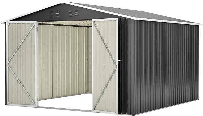 PVWIIK 10x10 FT Large Outdoor Metal Storage Shed, Heavy Duty Waterproof Steel Garden Tool Shed with Lockable Doors, Utility Storage Building for Backyard Patio Lawn Garden, Black