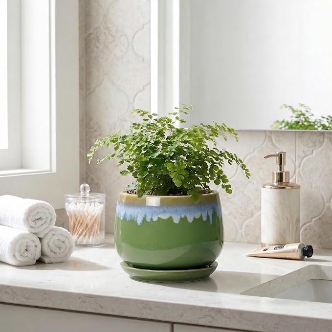 Ceramic Planter 6 Inch - Ceramic Pots for Plants with Drainage and Saucer, Decorative Small Succulent Pots for Indoor Plants, Round Plant Pot, House Decor, House Warming Gifts, Green-Blue