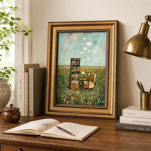 Gold Framed Vintage Book Nook Canvas Wall Art for Library Reading Room,Whimsical Bookshelf Print Pictures, Book Lover Wall Decor 9"x11"